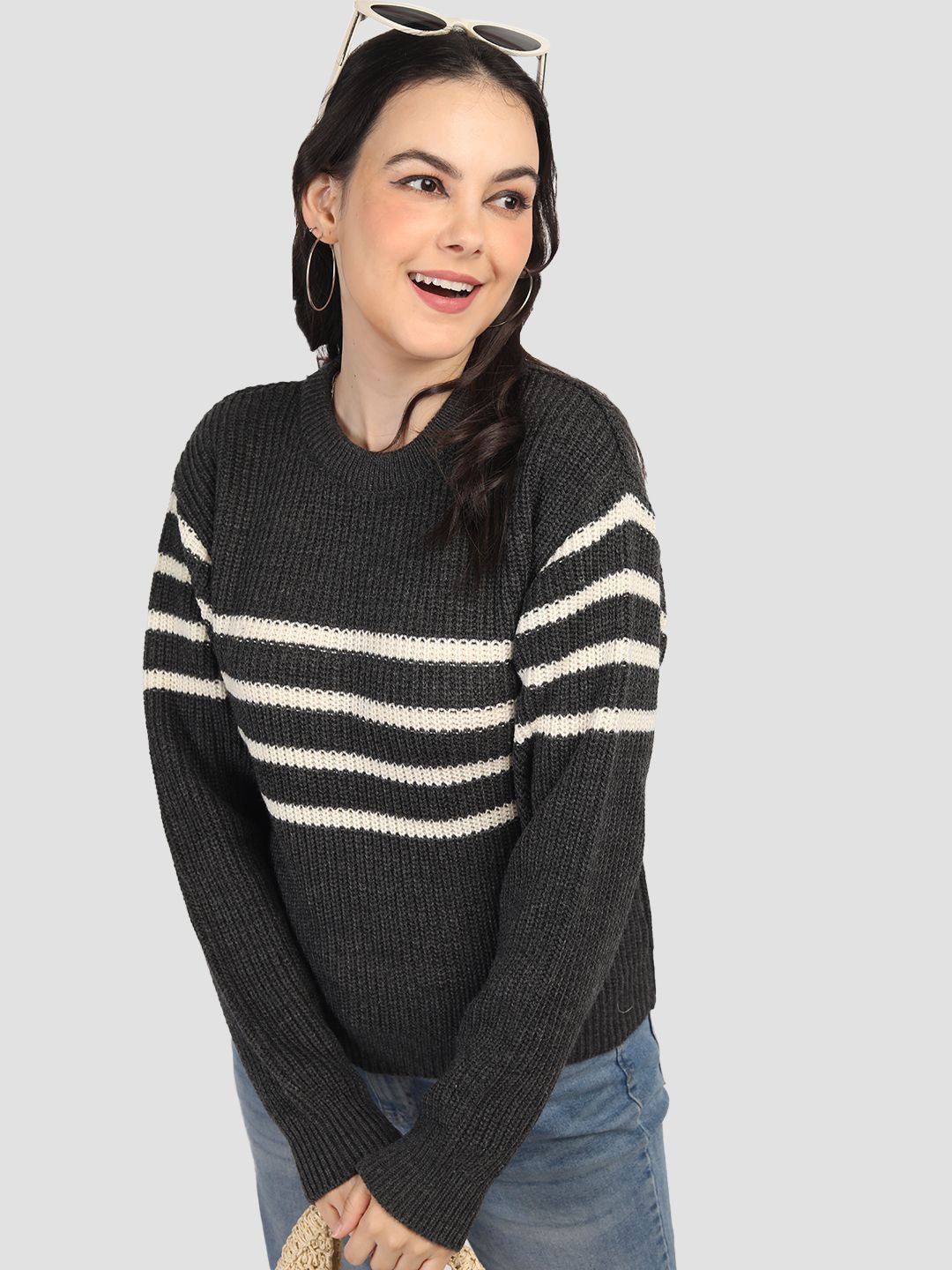 

CHKOKKO Women Round Neck Striped Woollen Pullover, Charcoal