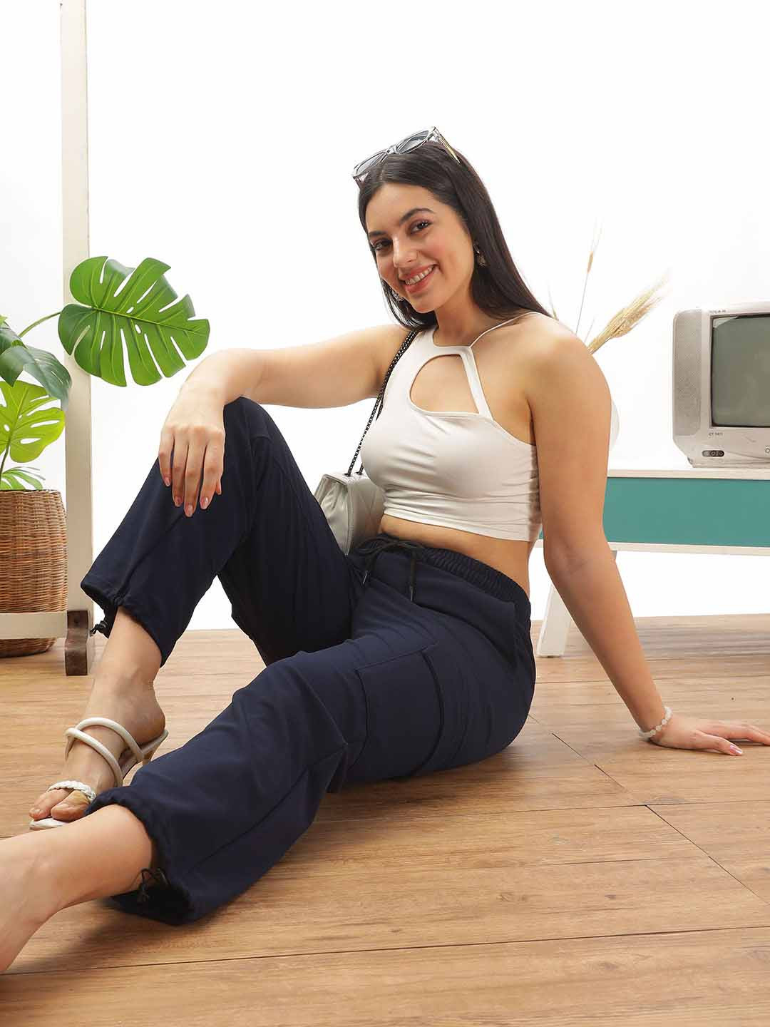 

9shines Label Women Comfort Straight Fit Wrinkle Free Cargos Trousers, Navy blue