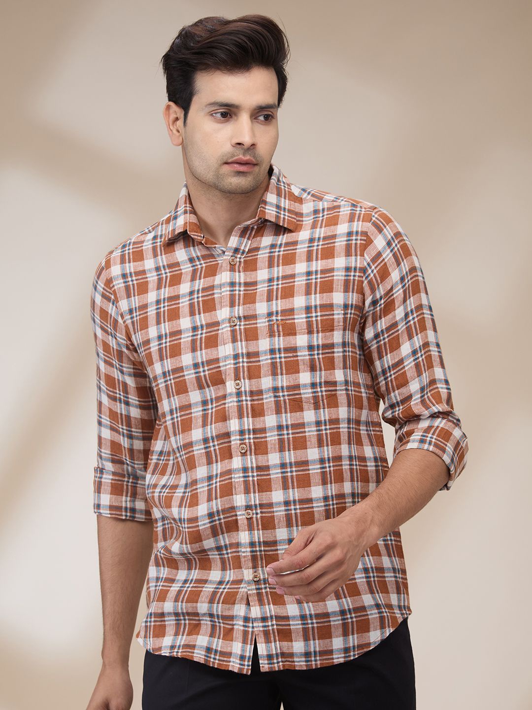 

ColorPlus Men Spread Collar Tartan Checked Linen Casual Shirt, Orange