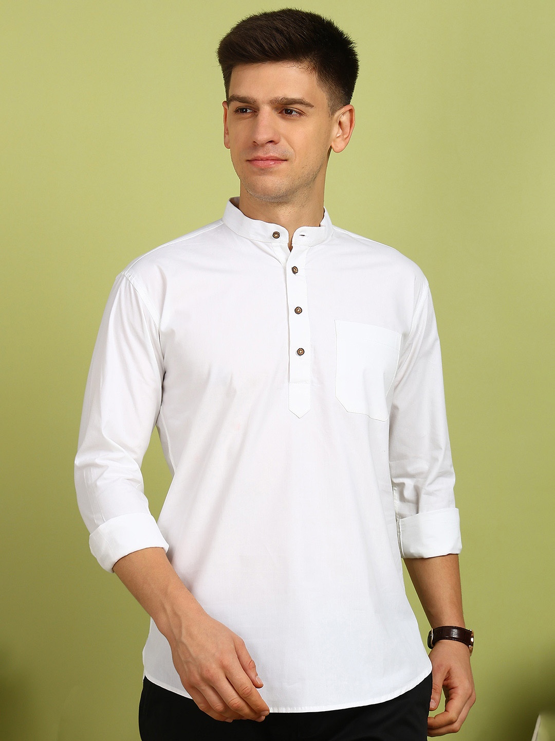 

FUBAR Mandarin Collar White Romance Pure Cotton Straight Short Kurta