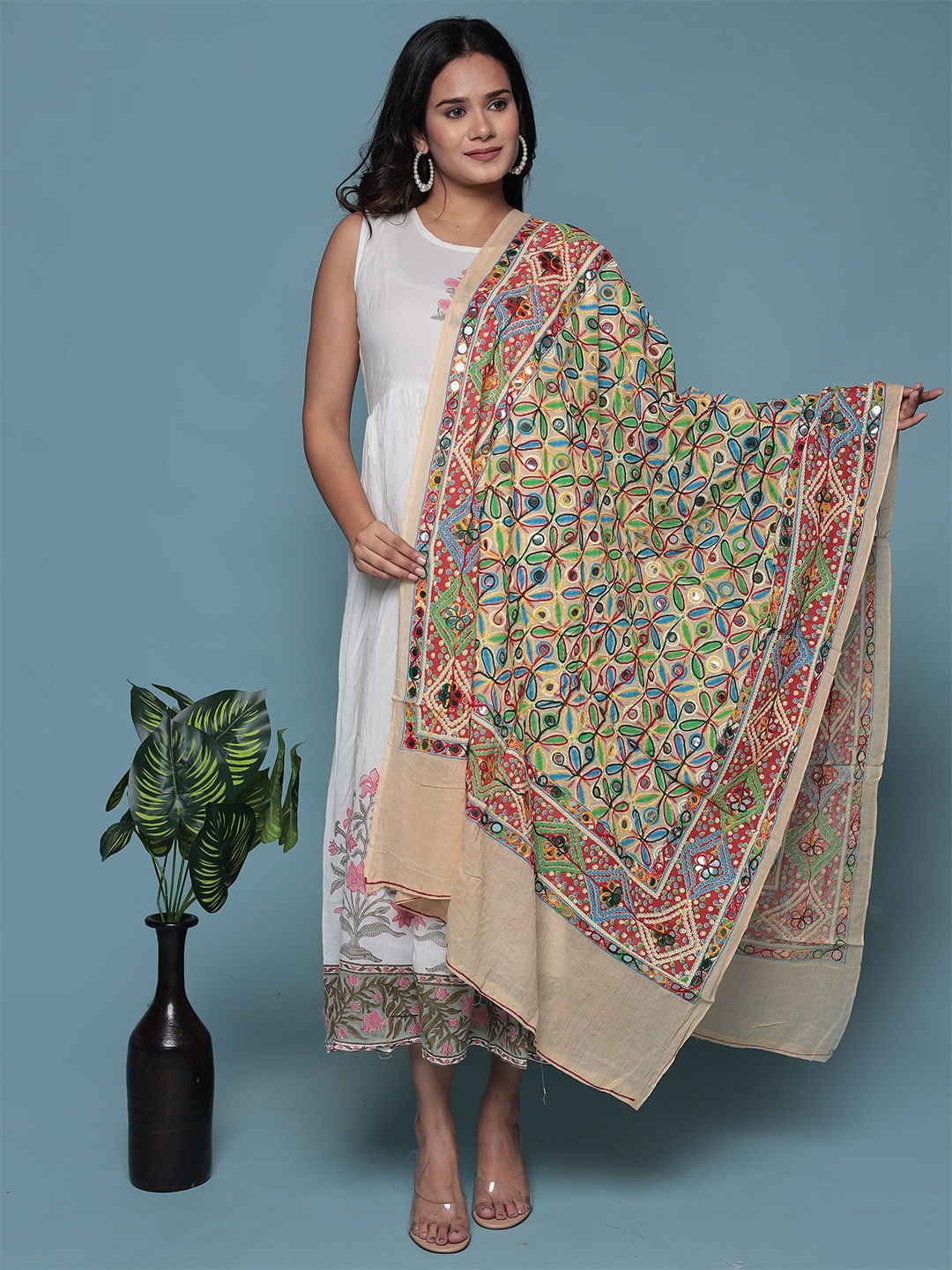 

Bohekant Ethnic Motifs Embroidered Mirror Work Cotton Dupatta, Beige