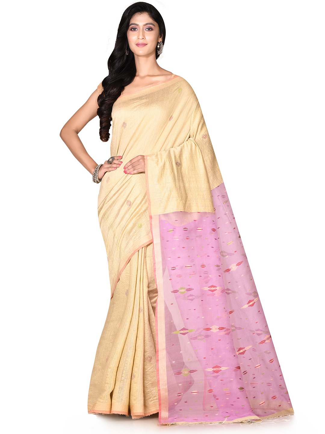 

SPRISH Ethnic Motifs Zari Pure Silk Jamdani Saree, Beige