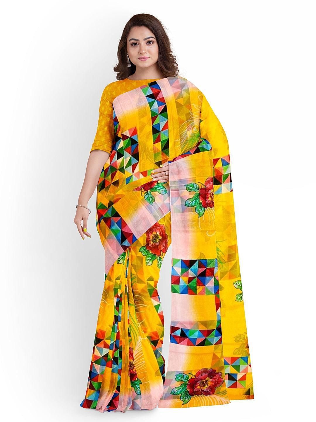 

GRIIHAM Floral Poly Georgette Saree, Yellow