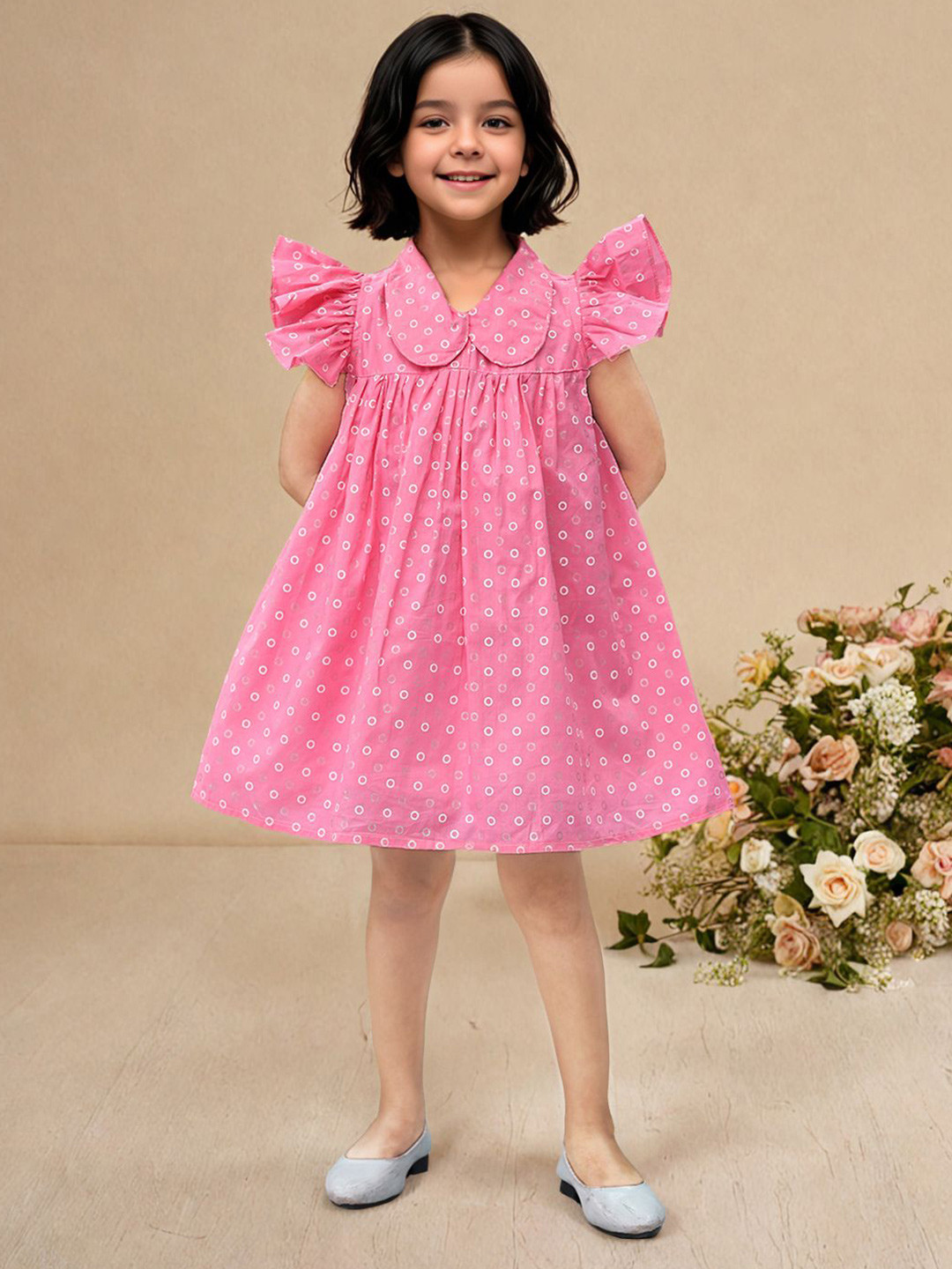

Toonyport Girls Geometric Printed Flutter Sleeves Peter Pan Collar A-Line Dress, Pink