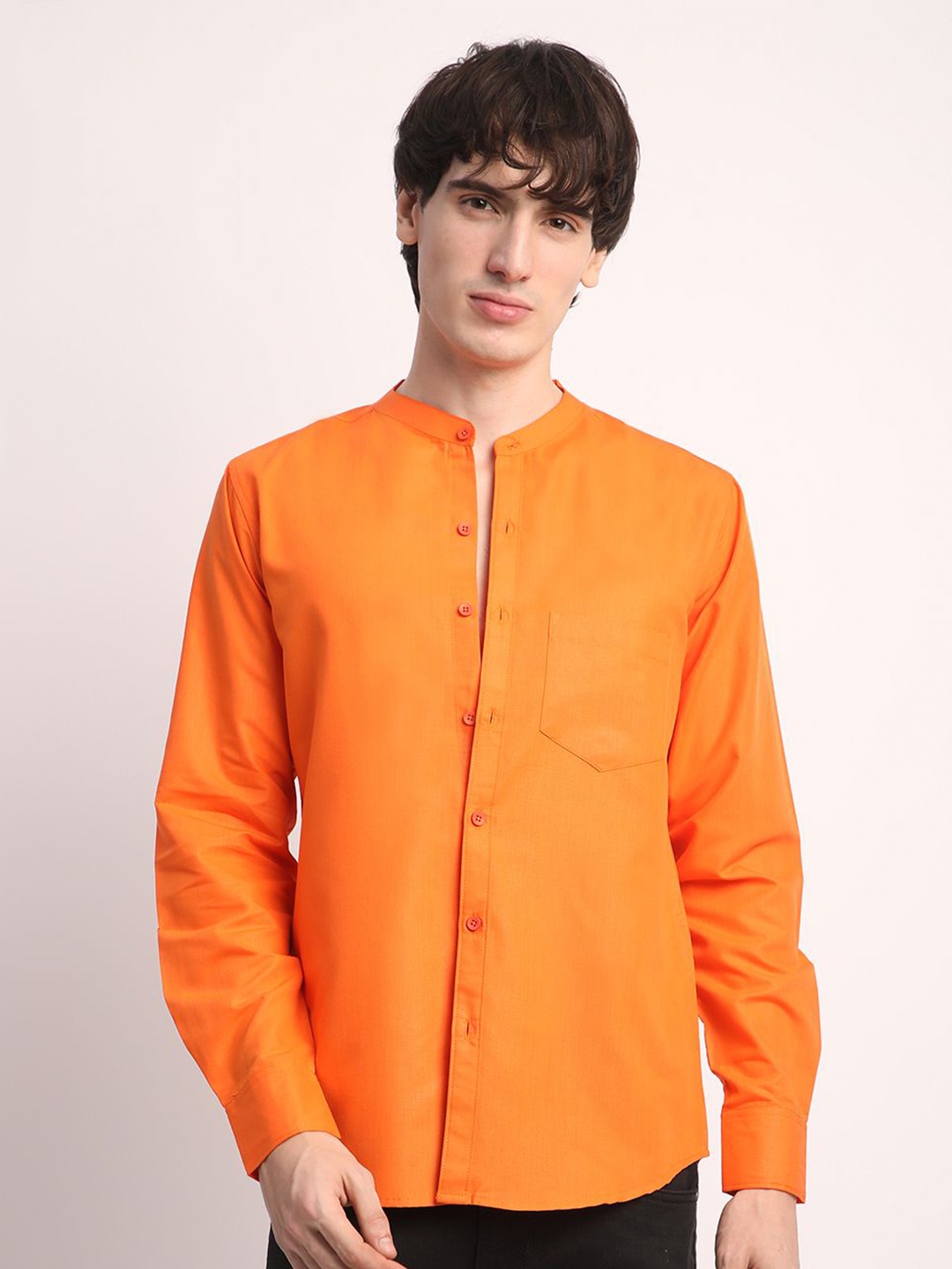 

Voroxy Men Smart Band Collar Solid Cotton Casual Shirt, Orange