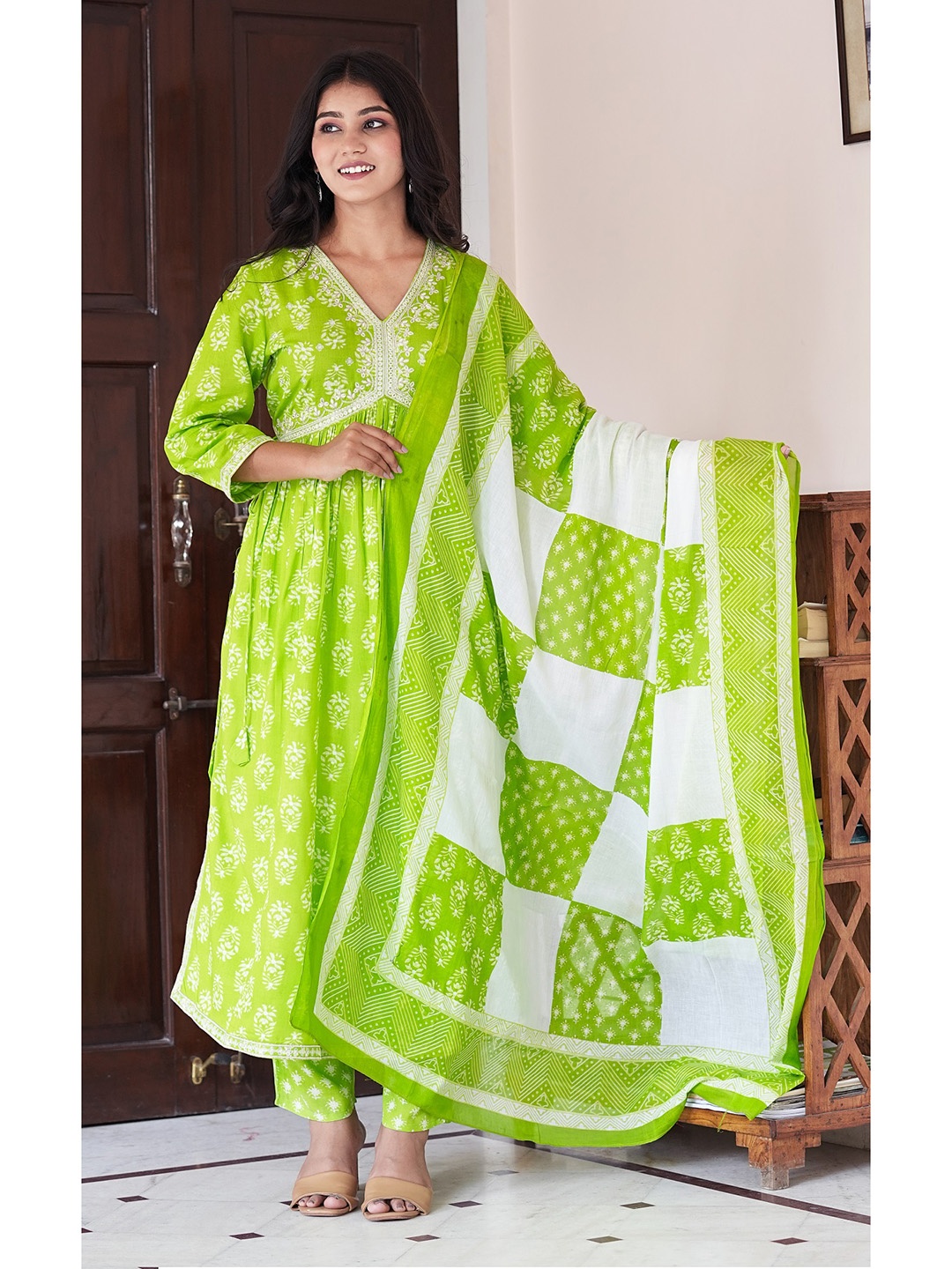 

MF Hayat Ethnic Motifs Printed Thread Work A Line Kurta with Salwar & Dupatta, Green