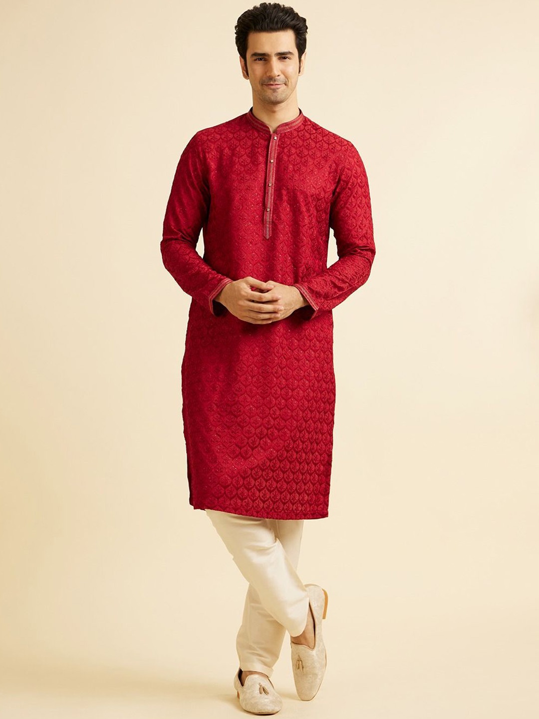 

Manyavar Ethnic Motifs Embroidered Straight Thread Work Kurta with Pyjamas, Red
