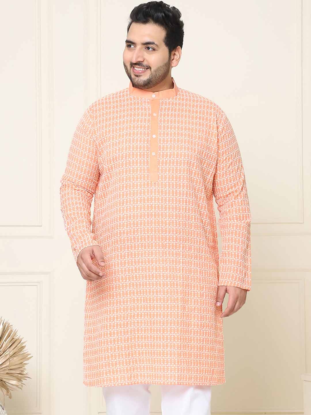 

SOJANYA PLUS Geometric Embroidered Long Sleeves Pure Cotton Straight Kurta, Peach