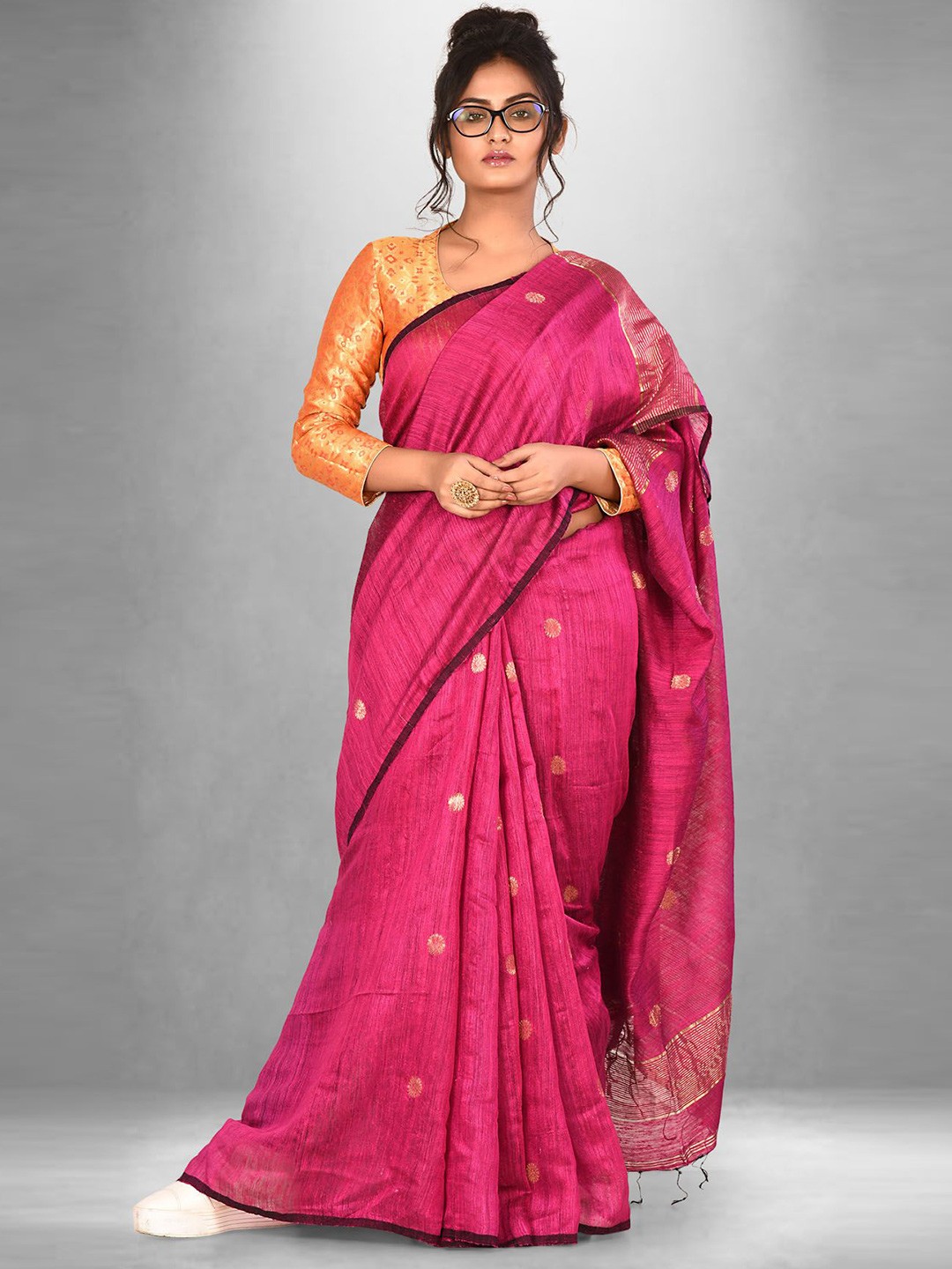 

SPRISH Ethnic Motifs Pure Silk Jamdani Saree, Pink