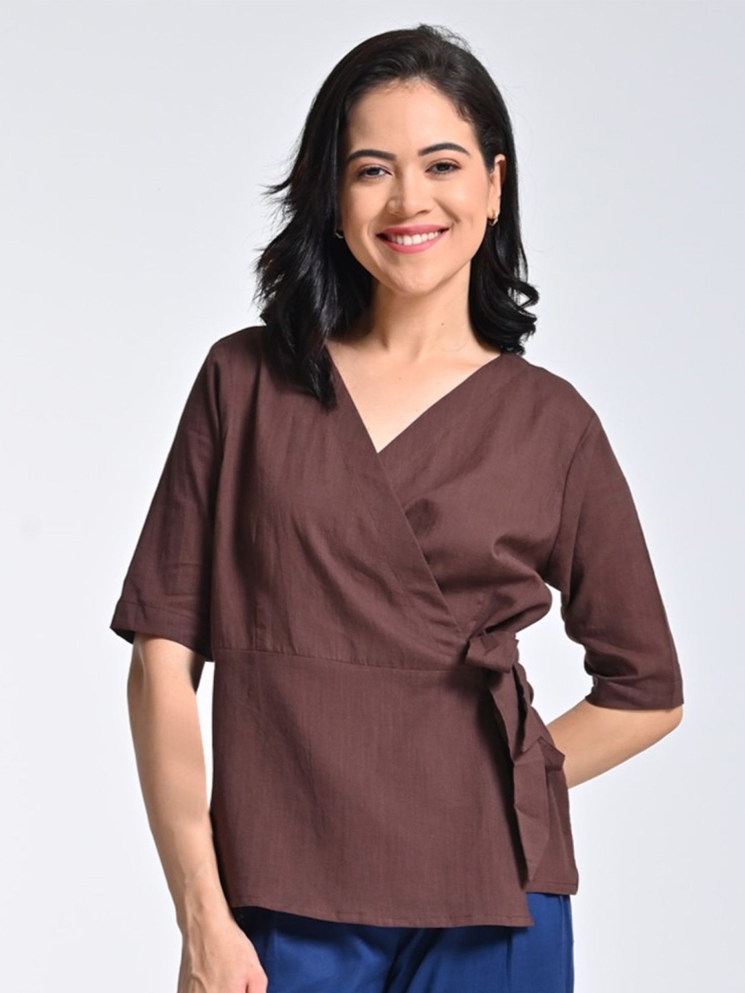 

Saltpetre Women Solid V-Neck Organic Cotton Top, Coffee brown