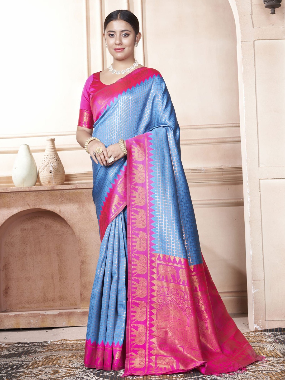 

KAYOMMI Woven Design Zari Kanjeevaram Saree, Turquoise blue