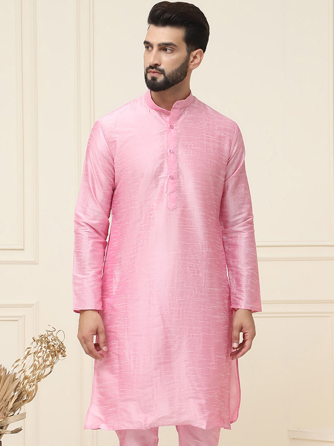 

SOJANYA Band Collar Neck Long Sleeves Regular Dupion Silk Straight Kurta, Pink