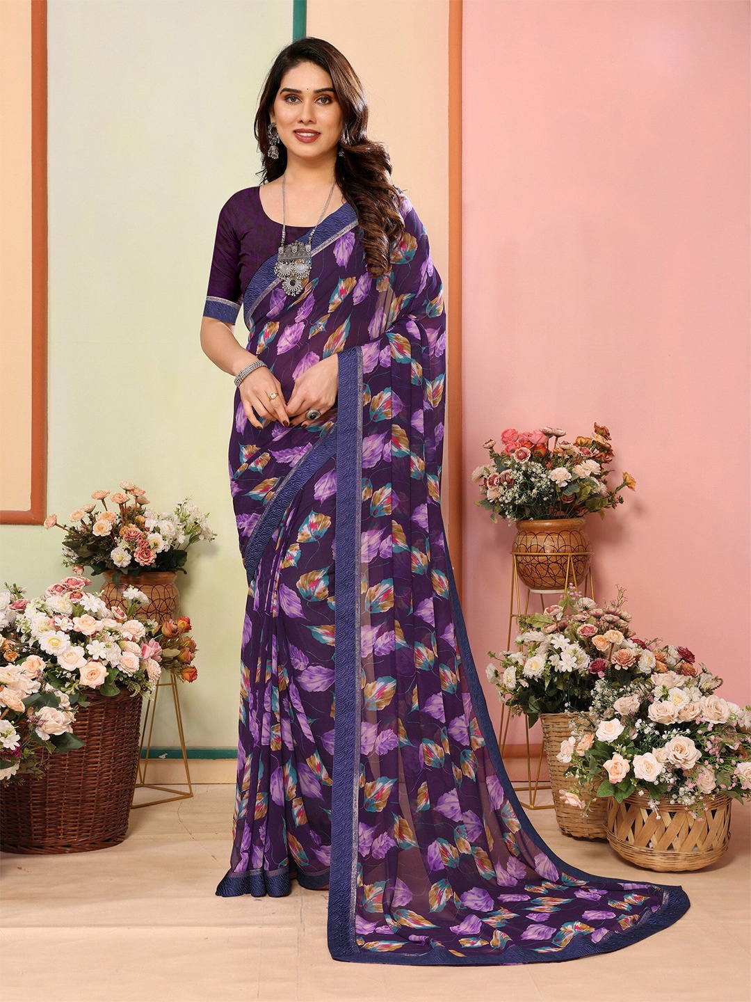 

sareyavella Floral Printed Pure Georgette Saree, Lavender