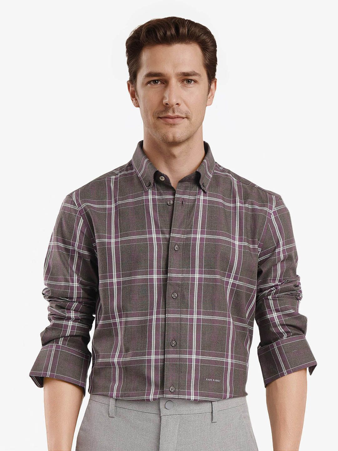 

RARE RABBIT Men Comfort Spread Collar Checked Cotton Casual Shirt, Olive