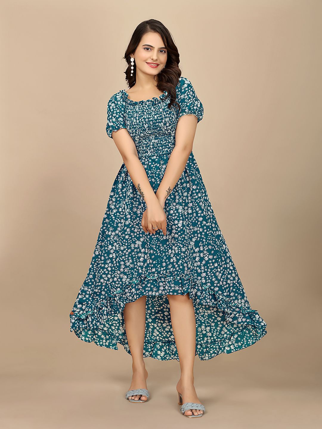 

BAESD Women Floral Printed Puff Sleeves Fit and Flare Maxi Dress, Teal