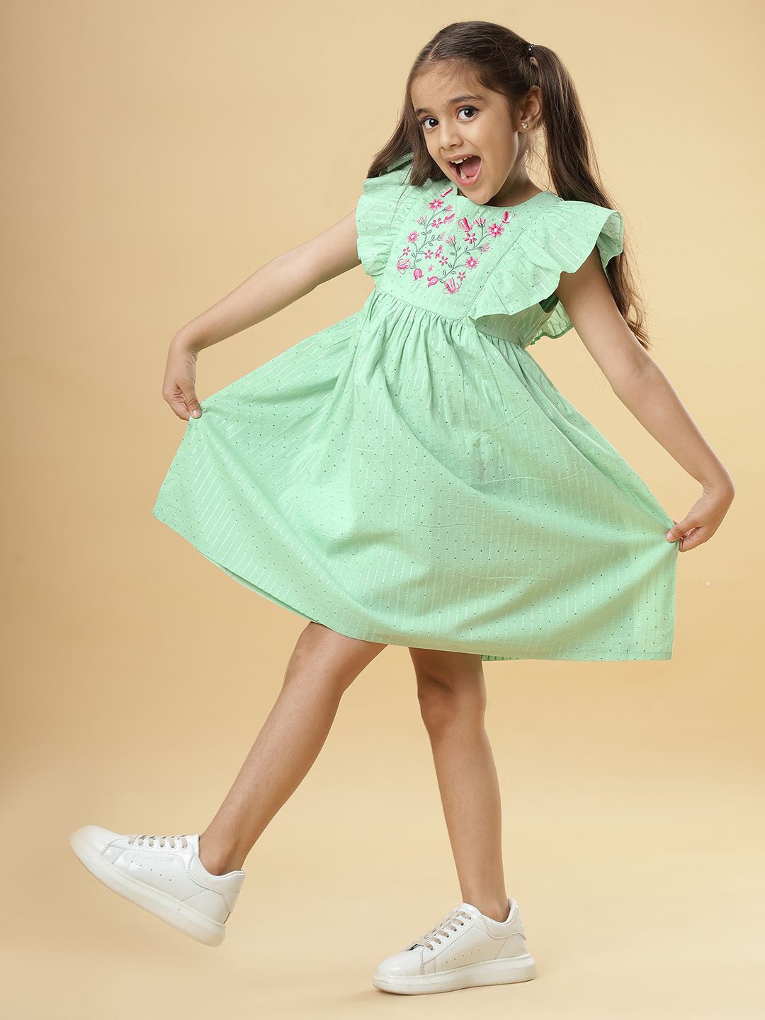 

TeenTrums Girls Floral Embroidered Flutter Sleeve Fit & Flare Dress, Green