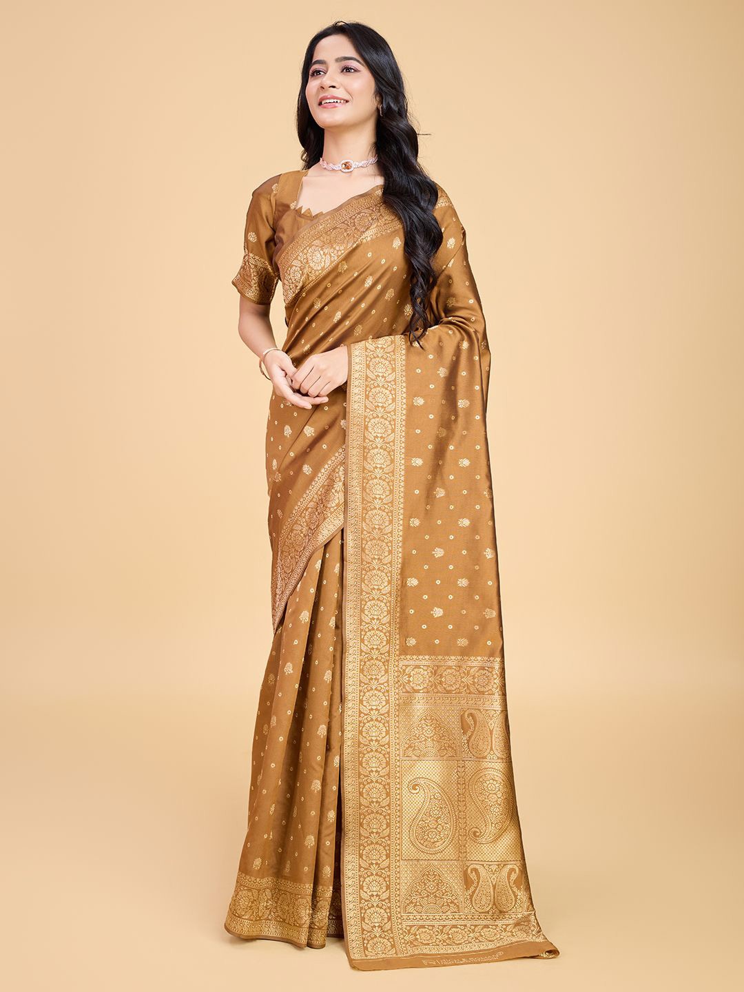

RICH & ROMAN Woven Design Zari Pure Silk Banarasi Saree, Mustard
