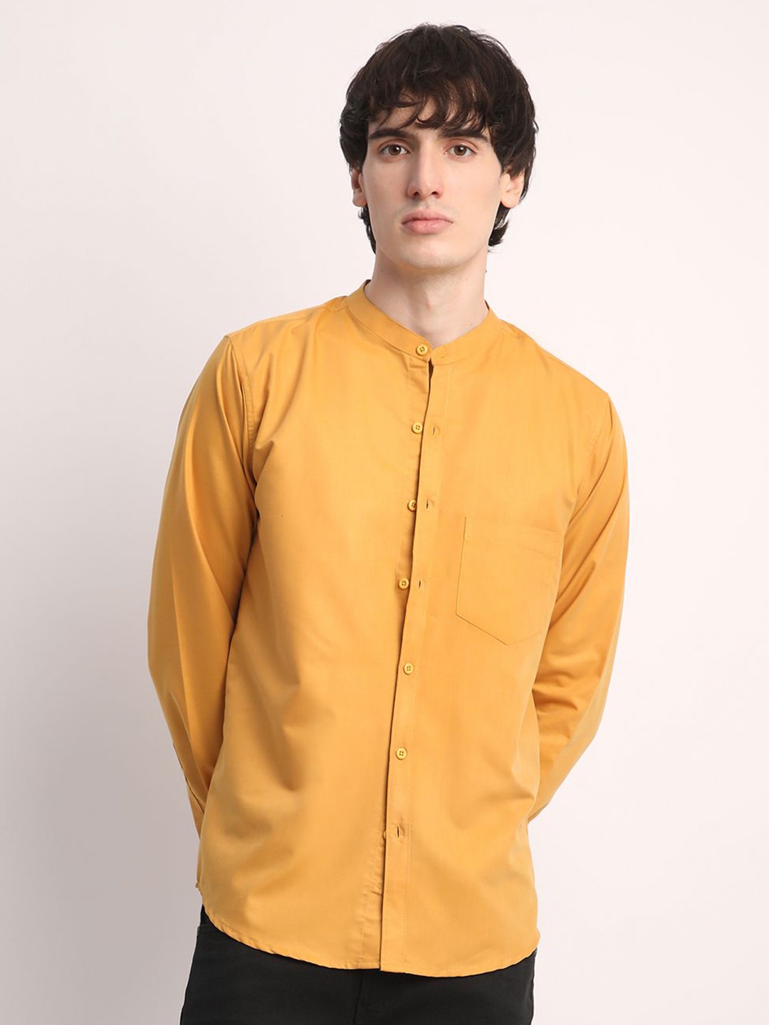 

Voroxy Men Smart Band Collar Solid Cotton Casual Shirt, Mustard
