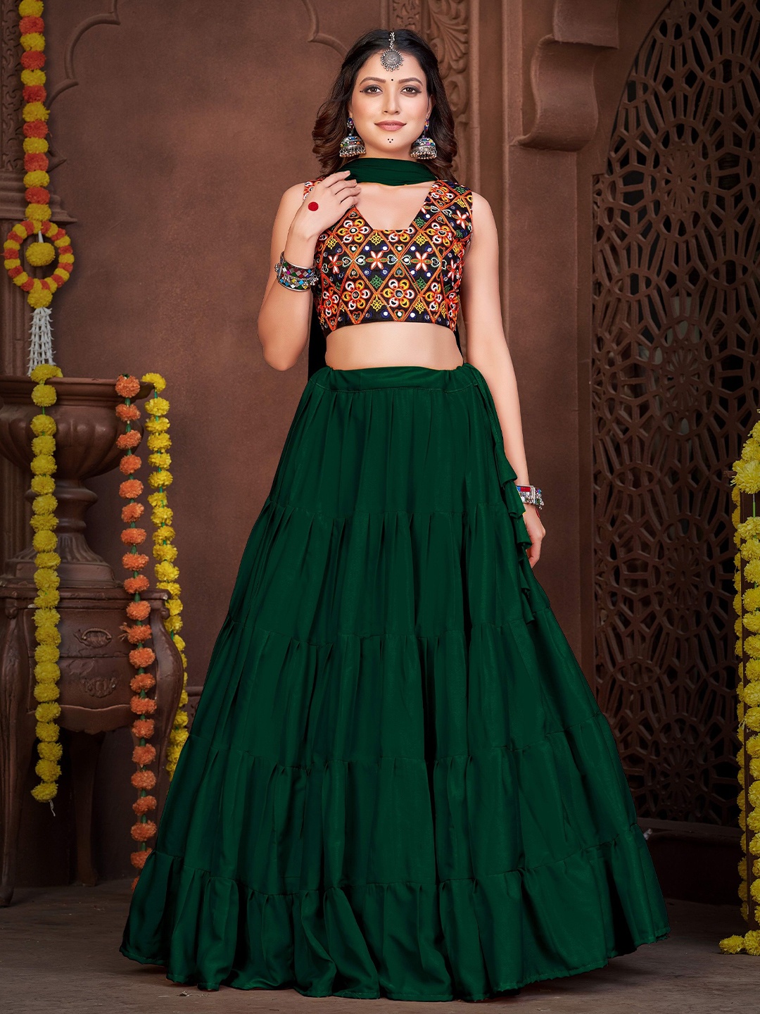 

KALINI Embroidered Square Neck Semi Stitched Lehenga & Unstitched Blouse With Dupatta, Green
