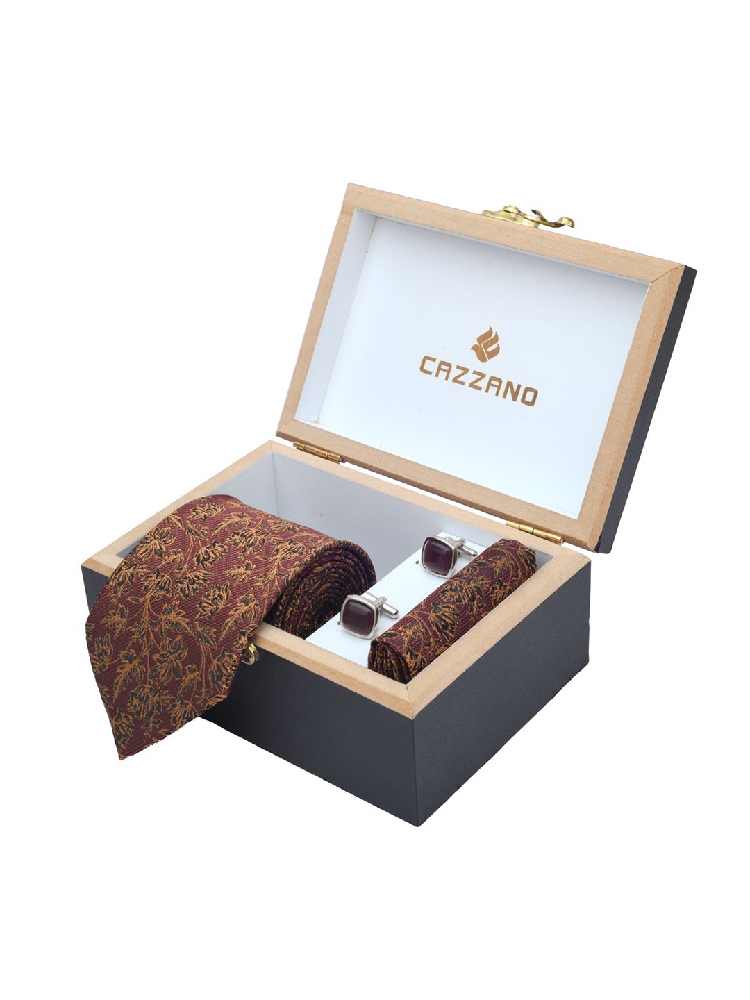 

Cazzano Men Floral Printed Tie Cufflinks & Pocket Square Accessory Gift Set, Brown
