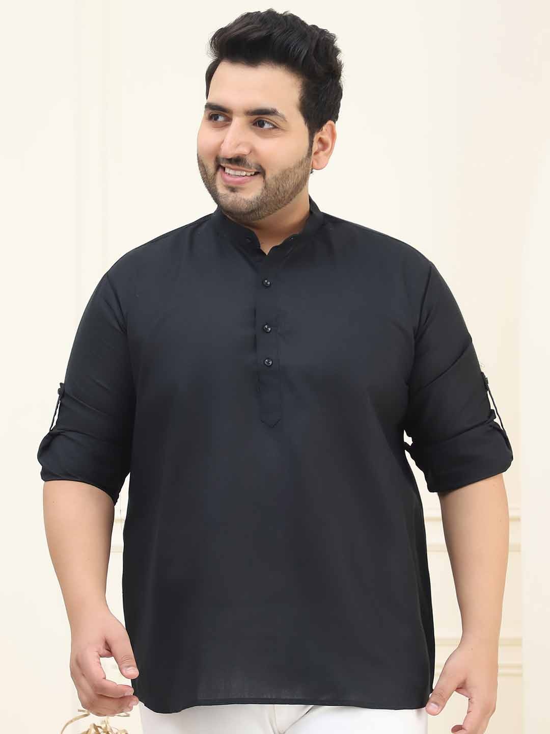 

SOJANYA PLUS Band Collar Long Roll-Up Sleeves Pure Cotton Straight Kurta, Black