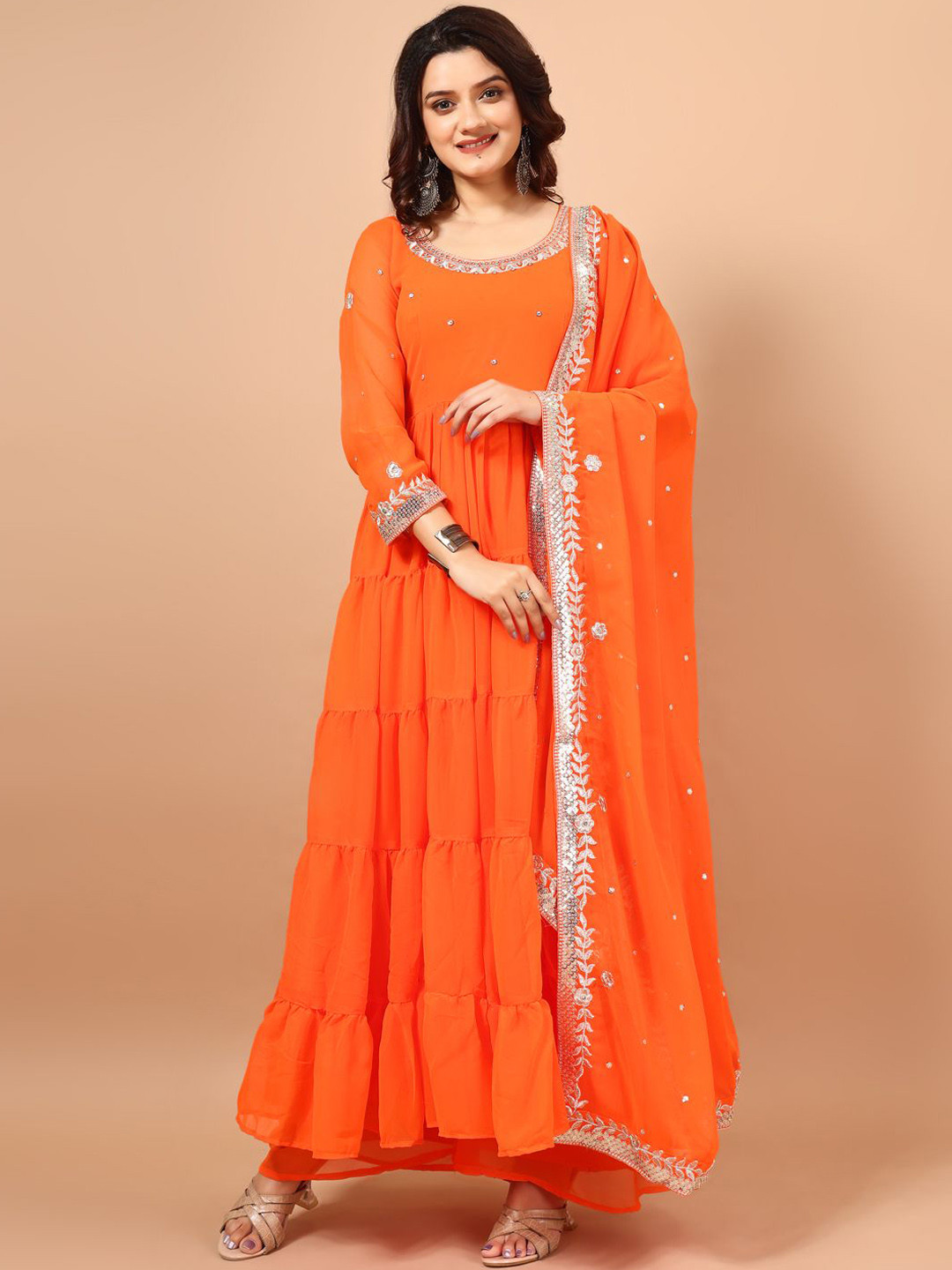 

KALINI Yoke Design Thread Work Tiered Georgette Anarkali Kurta With Palazzo & Dupatta, Orange