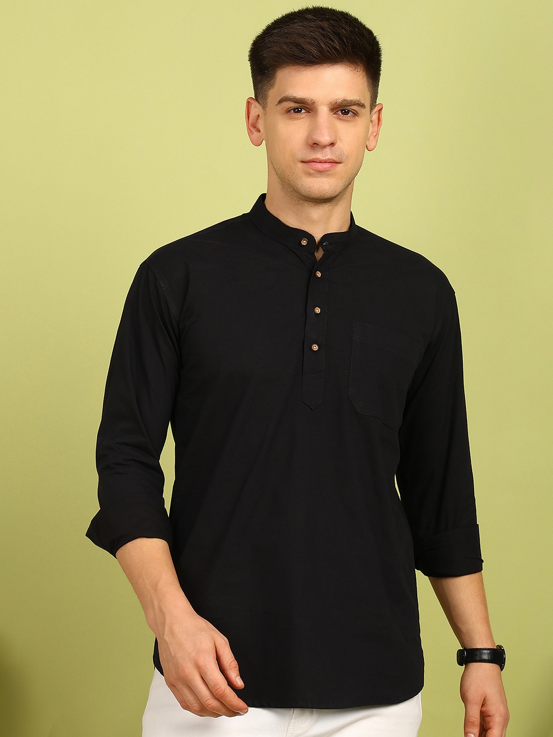 

FUBAR Mandarin Collar Pure Cotton Straight Short Kurta, Black