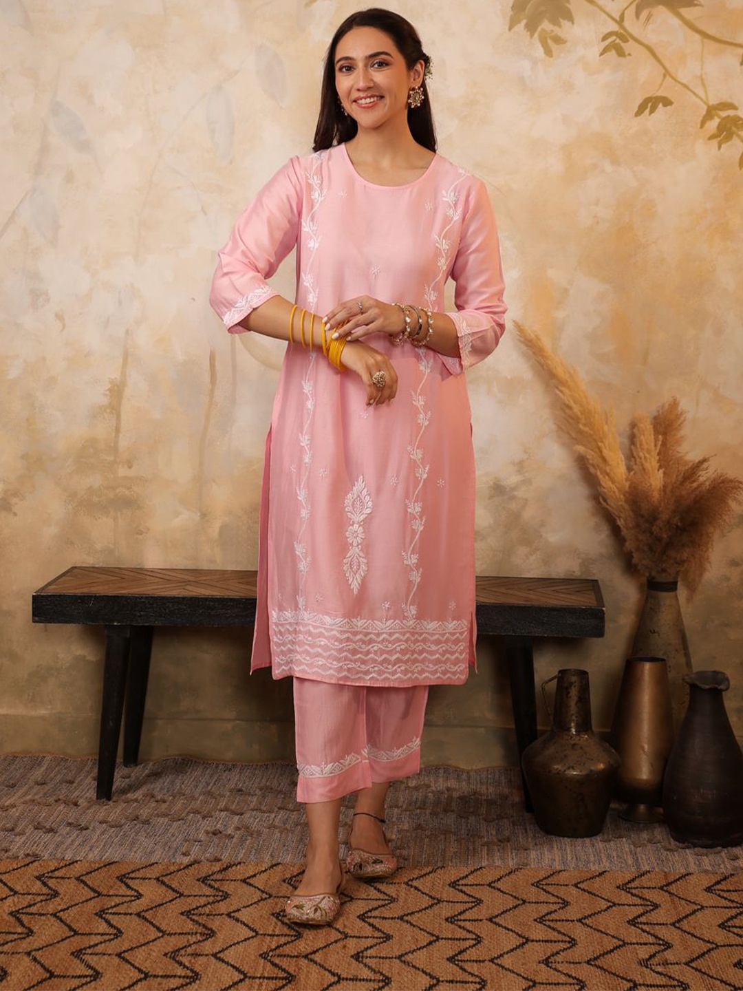 

House of Chikankari Chikankari Woven Kurta Set, Pink