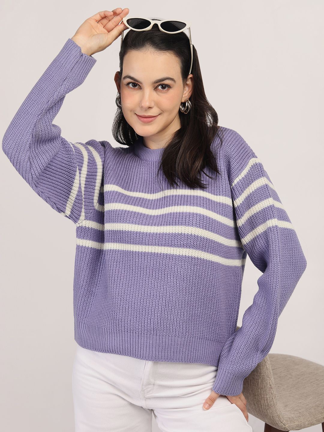 

CHKOKKO Women Striped Woollen Pullover, Lavender
