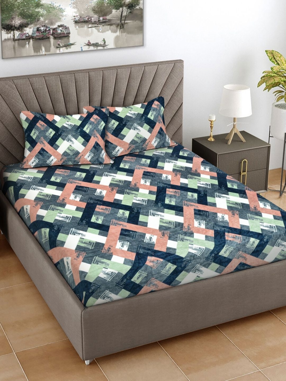 

FABINALIV White & Grey Geometric Woollen 300 TC King Bedsheet with 2 Pillow Covers