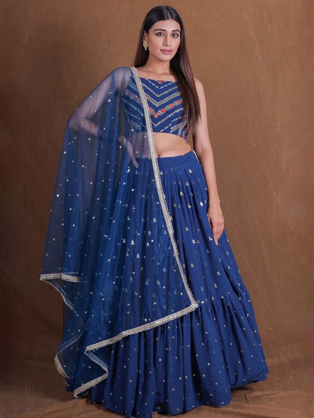 

JIHU CULTURE Embellished Sequinned Semi Stitched Lehenga & Unstitched Blouse With Dupatta, Blue