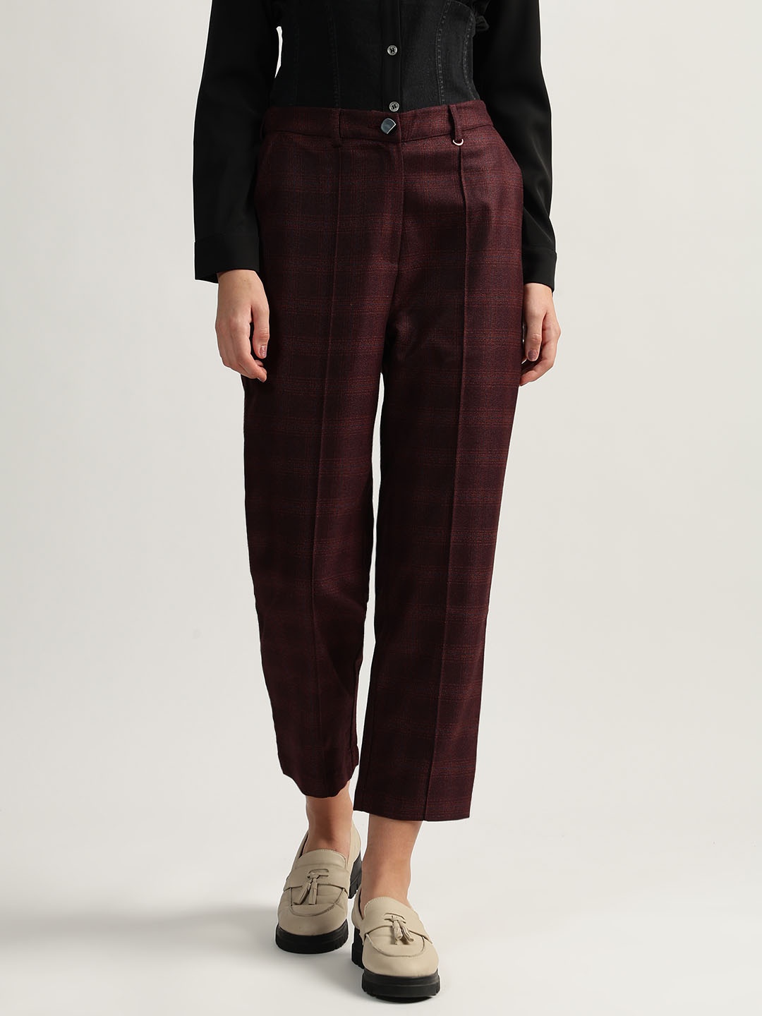 

Iconic Women Checked Straight Fit Trousers, Maroon