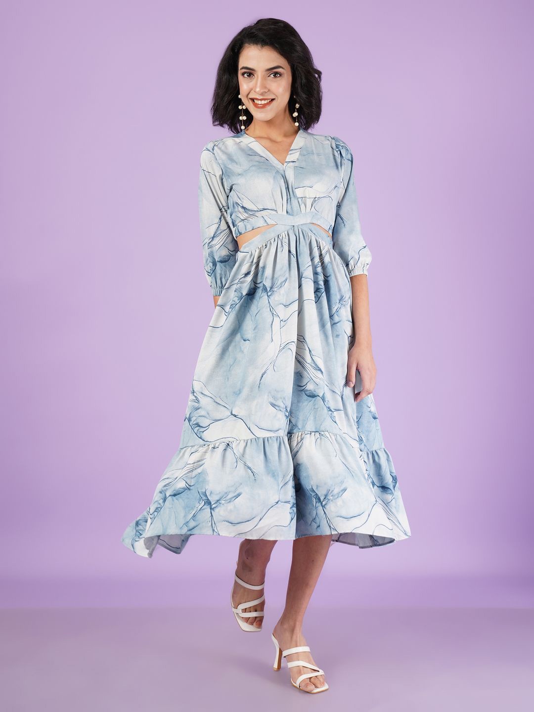 

ZWERLON Women Abstract Printed V-Neck Puff Sleeves A-Line Maxi Dress, Grey