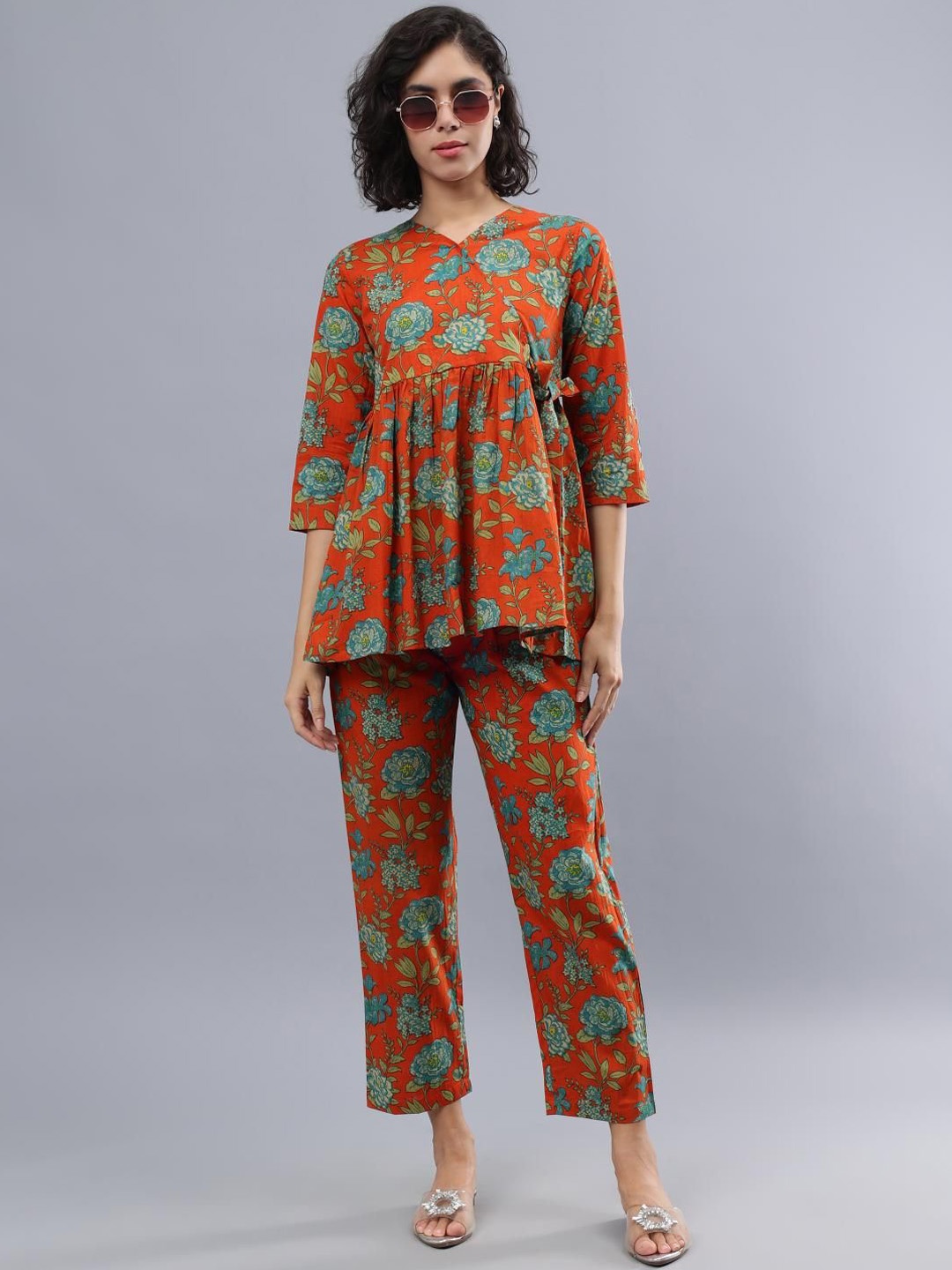 

CORDSET Printed Pure Cotton Tunic With Trousers Co-Ords, Orange
