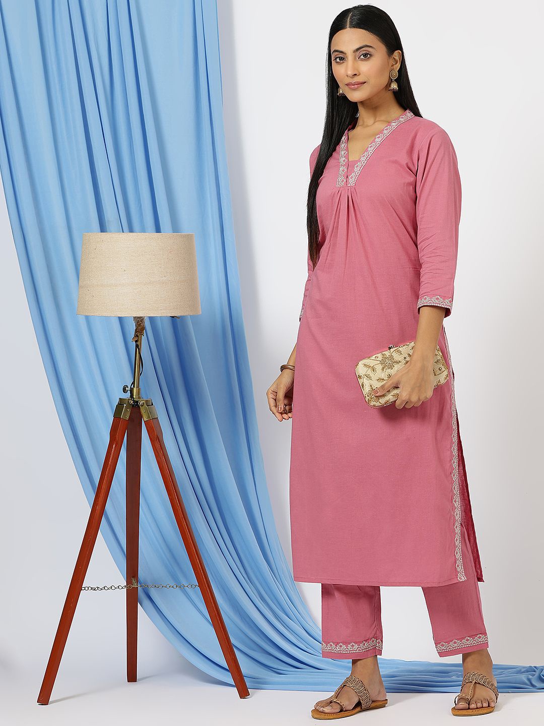 

ANUSHIL V-Neck Three-Quarter Sleeves Thread Work Cotton Blend Straight Kurta With Trouser, Pink