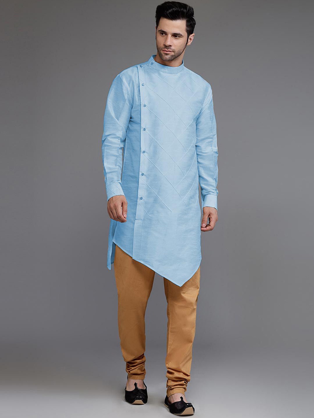 

Utsav Fashion Mandarin Collar Regular Pintucked Kurta With Churidar, Blue