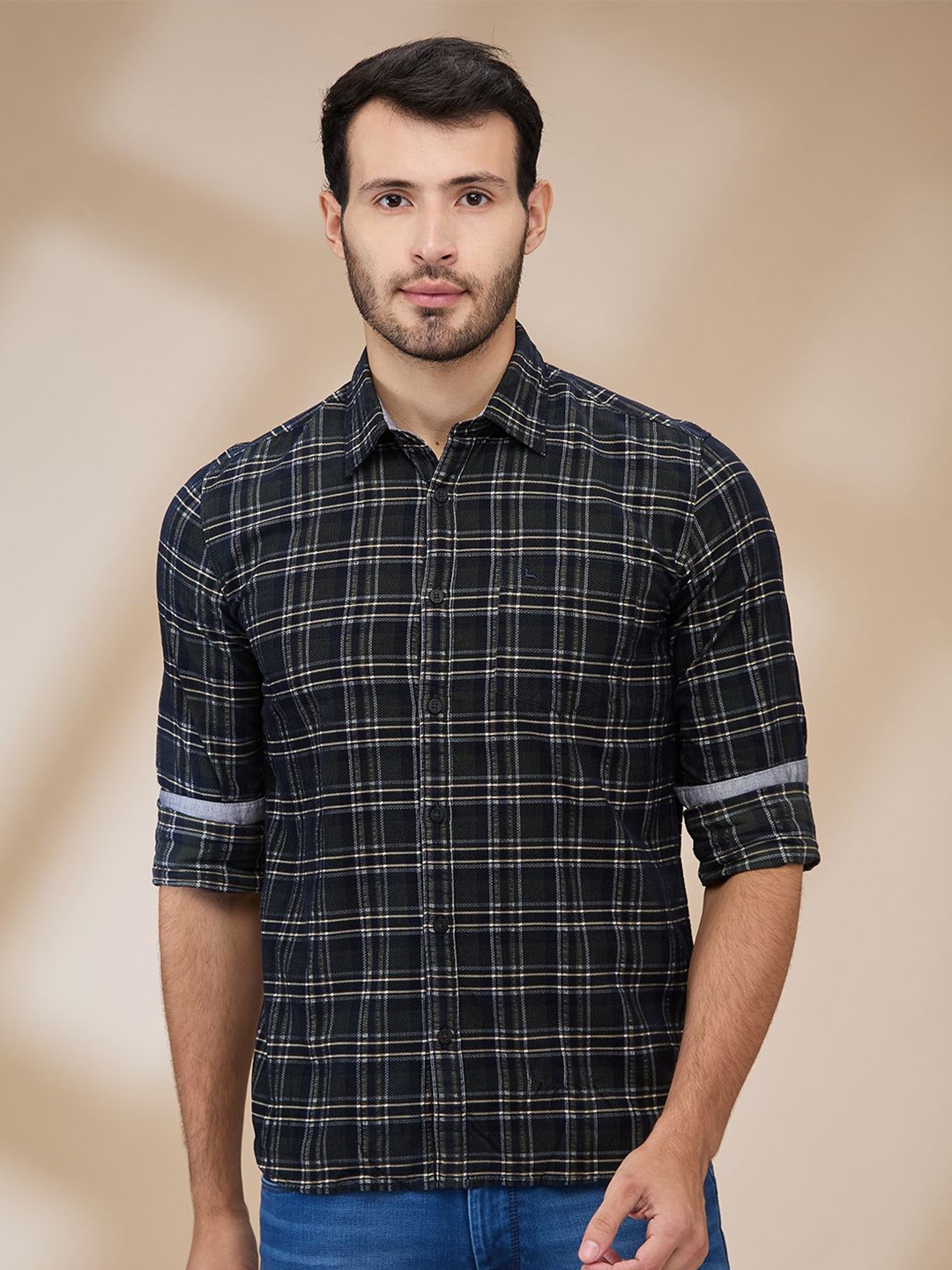 

Parx Men Spread Collar Tartan Checked Cotton Slim Fit Casual Shirt, Green