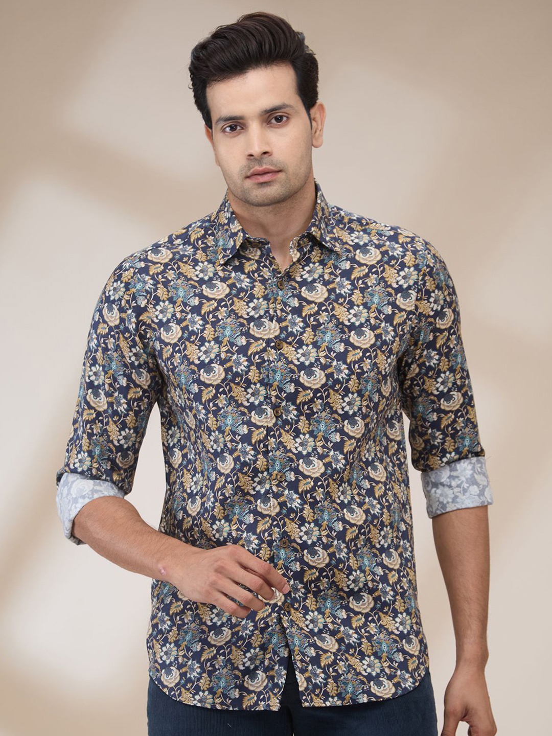 

ColorPlus Men Spread Collar Floral Printed Tencel Casual Shirt, Blue