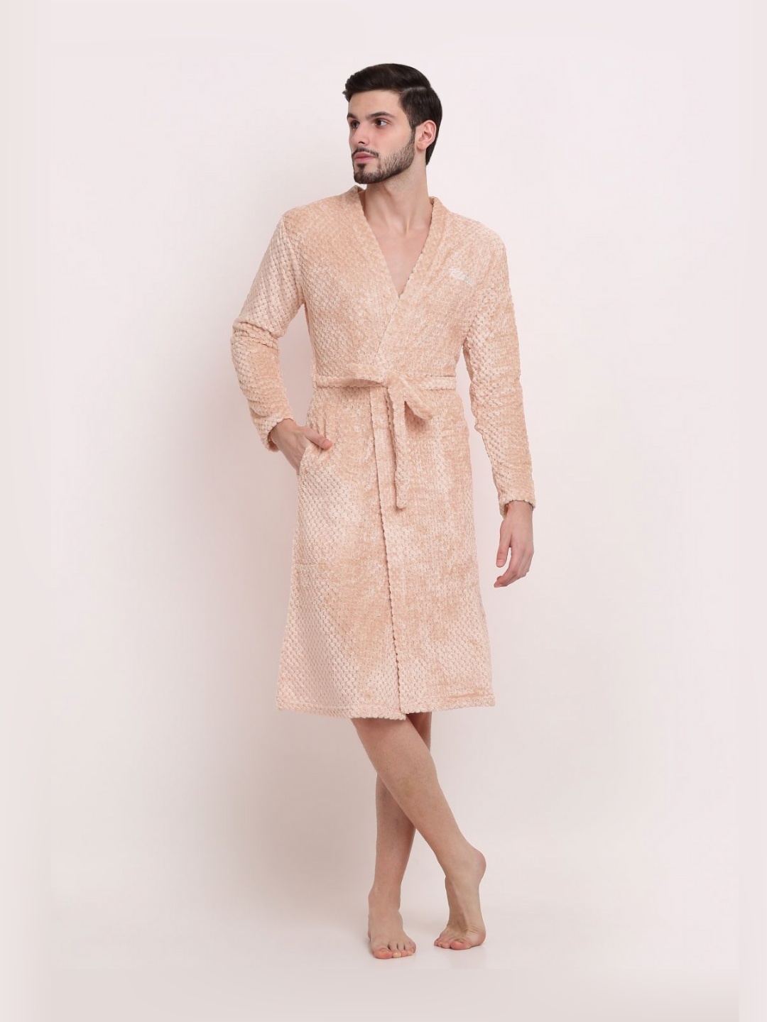 

KLOTTHE Self-Design Woollen Bath Robe With Belt, Peach