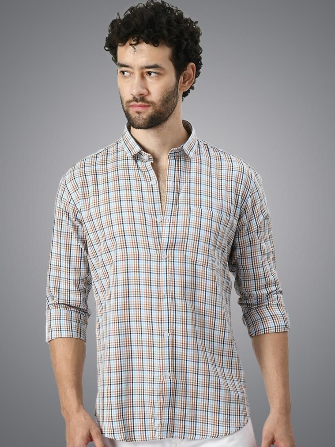 

PEBCO Men Classic Spread Collar Checked Cotton Slim Fit Casual Shirt, Blue
