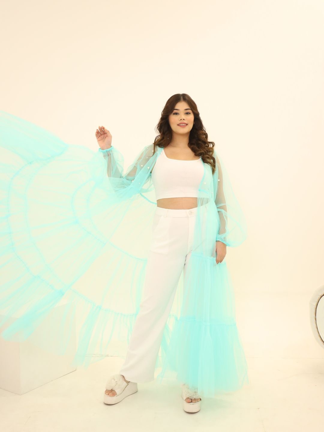 

Swadeshi Shringaar Long Sleeves Pearls Net Longline Tie-Up Shrug, Blue
