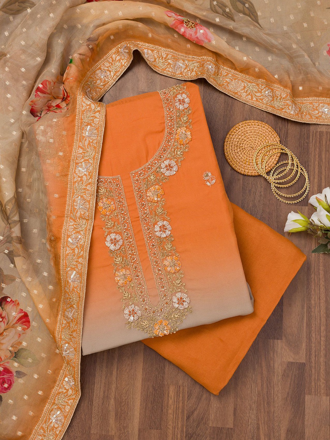 

Koskii Floral Embroidered Zari Work Unstitched Dress Material, Orange