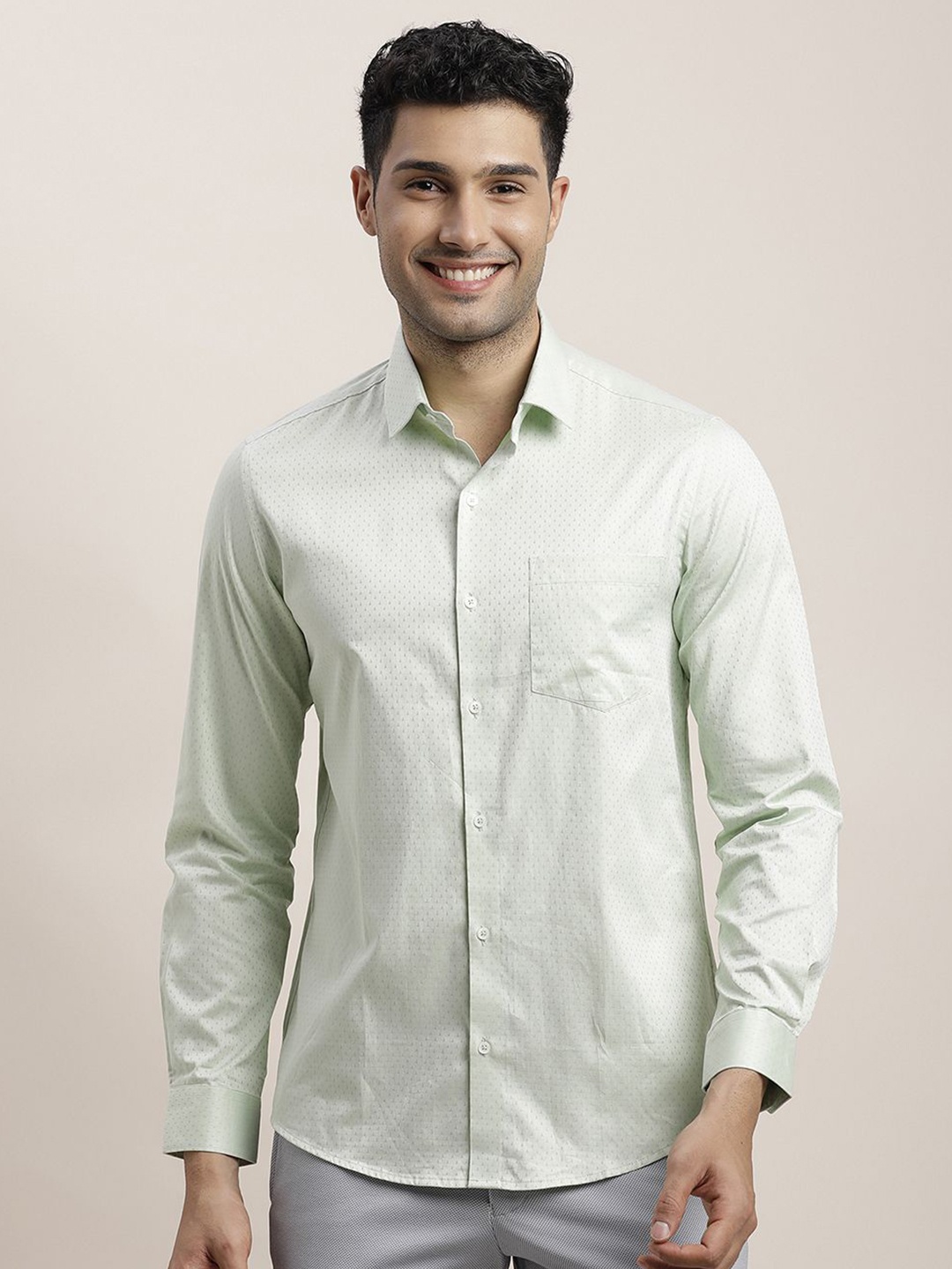 

Turtle Men Classic Spread Collar Micro Ditsy Printed Cotton Slim Fit Formal Shirt, Green