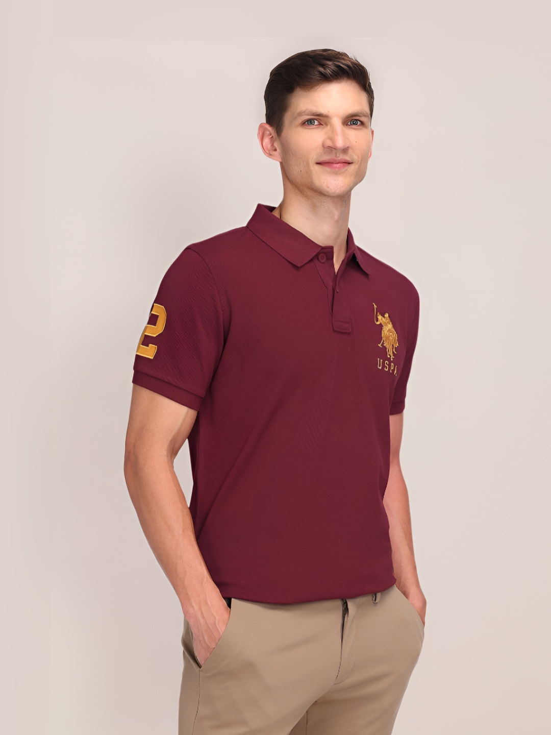 

U.S. Polo Assn. Men Brand Logo Polo Collar Slim Fit Pure Cotton T-shirt, Maroon