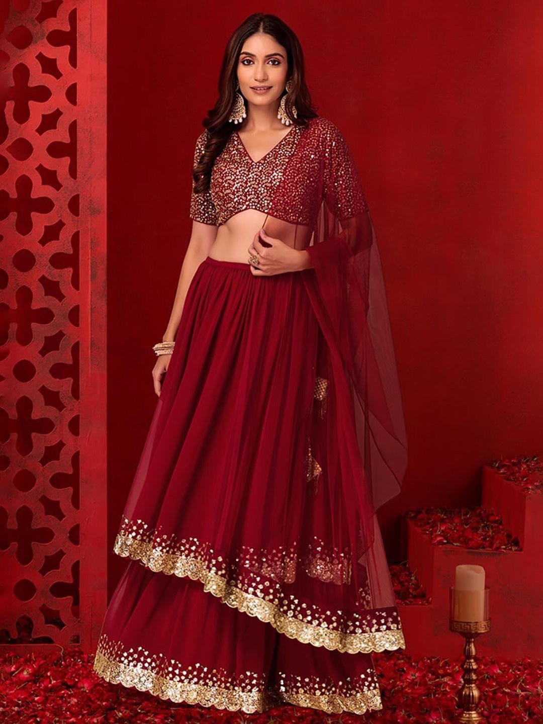 

JIHU CULTURE Embellished Sequinned Semi-Stitched Lehenga & Unstitched Blouse With Dupatta, Red