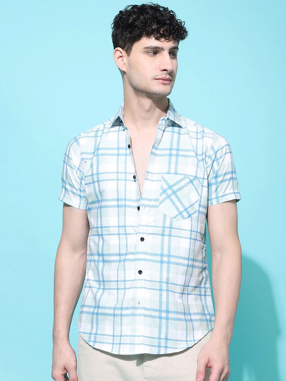 

Voroxy Men New Spread Collar Tartan Checked Cotton Casual Shirt, Blue