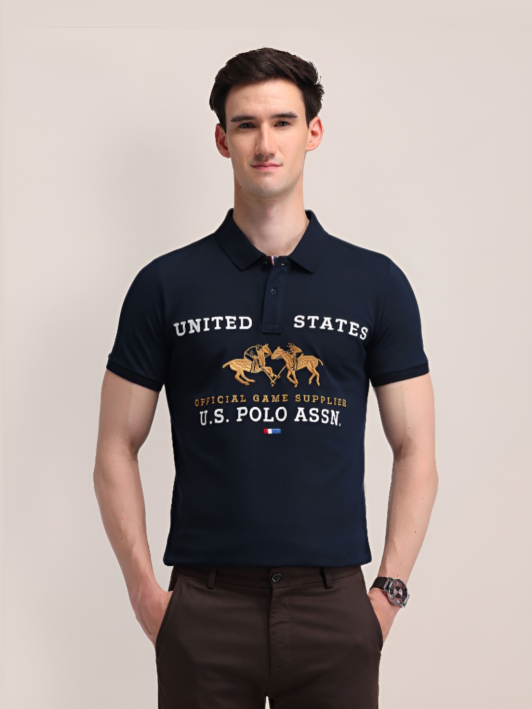 

U.S. Polo Assn. Men Typography Printed Polo Collar Cotton Slim Fit T-shirt, Navy blue