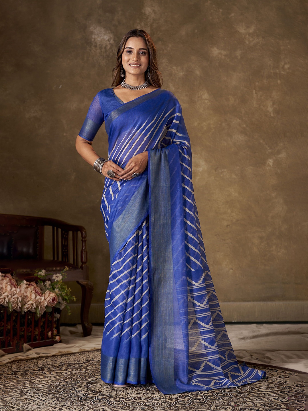 

KAYOMMI Leheriya Zari Pure Cotton Leheriya Saree, Blue