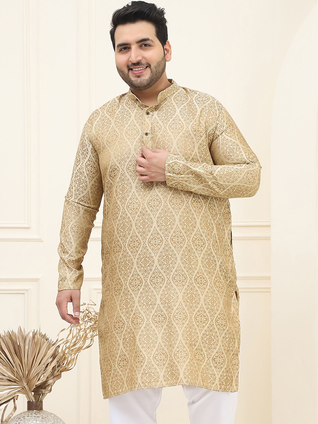 

SOJANYA PLUS Ethnic Motifs Woven Design Band Collar Straight Jacquard Kurta, Beige