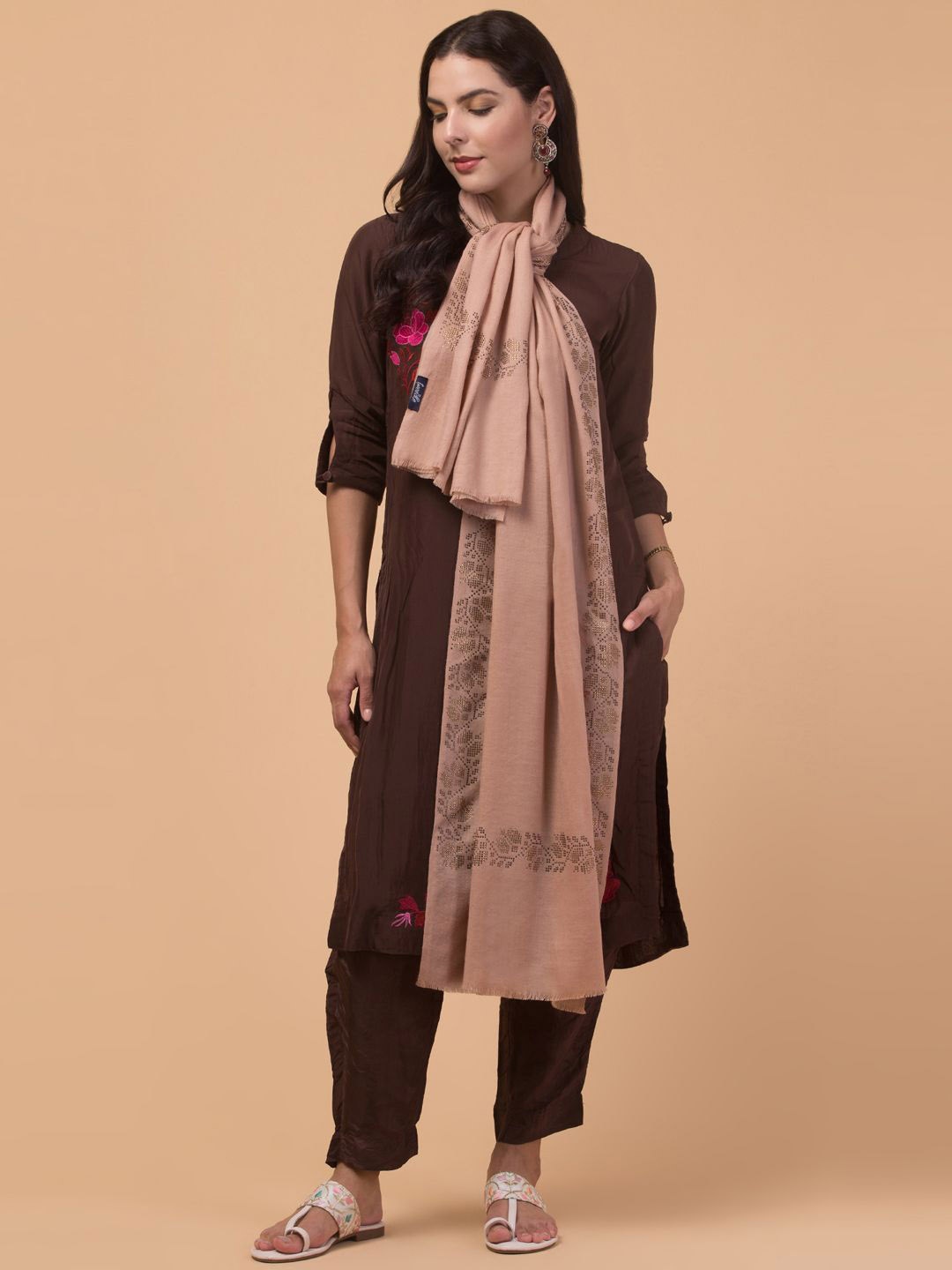 

Tweedle Floral Woven Design Woollen Shawl, Beige